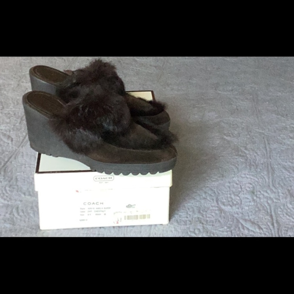 Coach Dark Brown Fur Wedge Mules